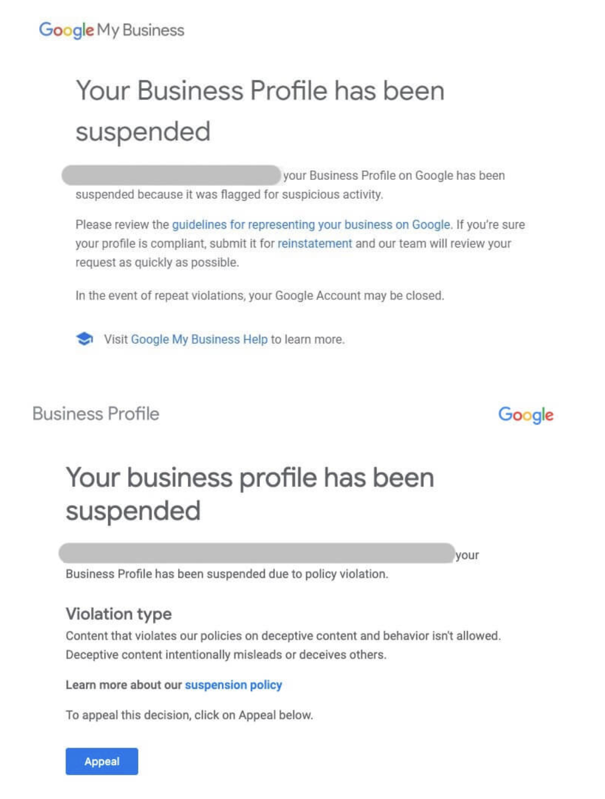 Example of Google Business Profile hard suspension notification